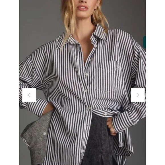 Maeve Anthropologie Shirt Womens L Striped Oversized Button Up Long Sleeve Green - Picture 5 of 6